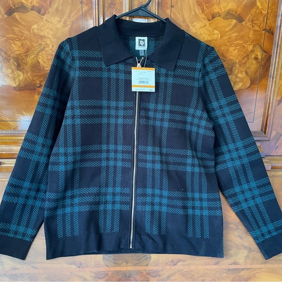 Anne Klein BLACK/TREELINE green & black patterned sweater - Picture 1 of 3